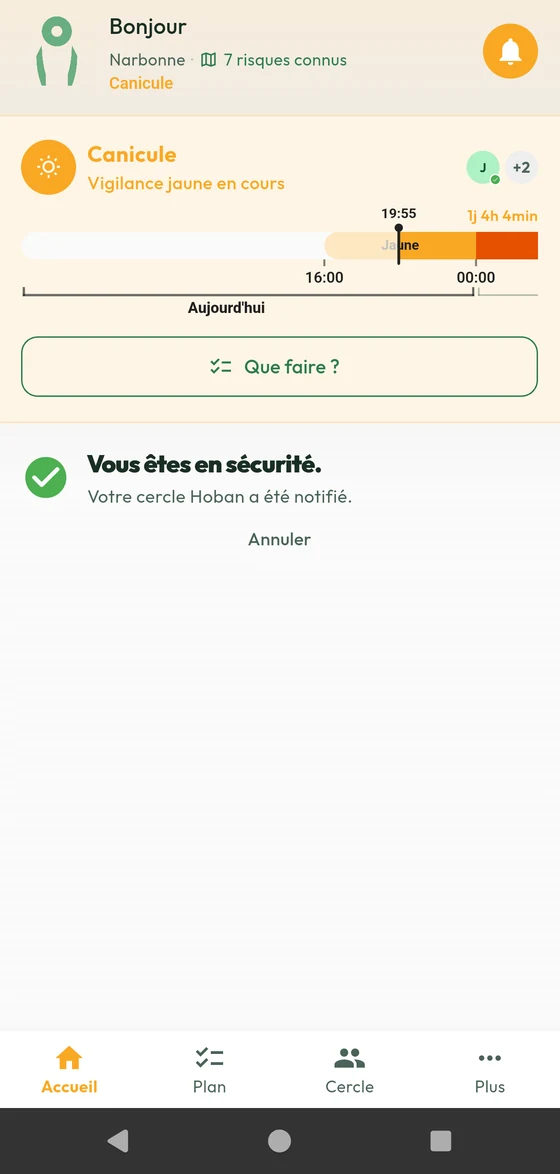 Écran d'accueil affichant une vigilance canicule en cours et sa frise horaire