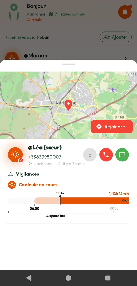 Fiche d'un proche ayant signalé un besoin d'aide, avec sa position et un bouton Rejoindre