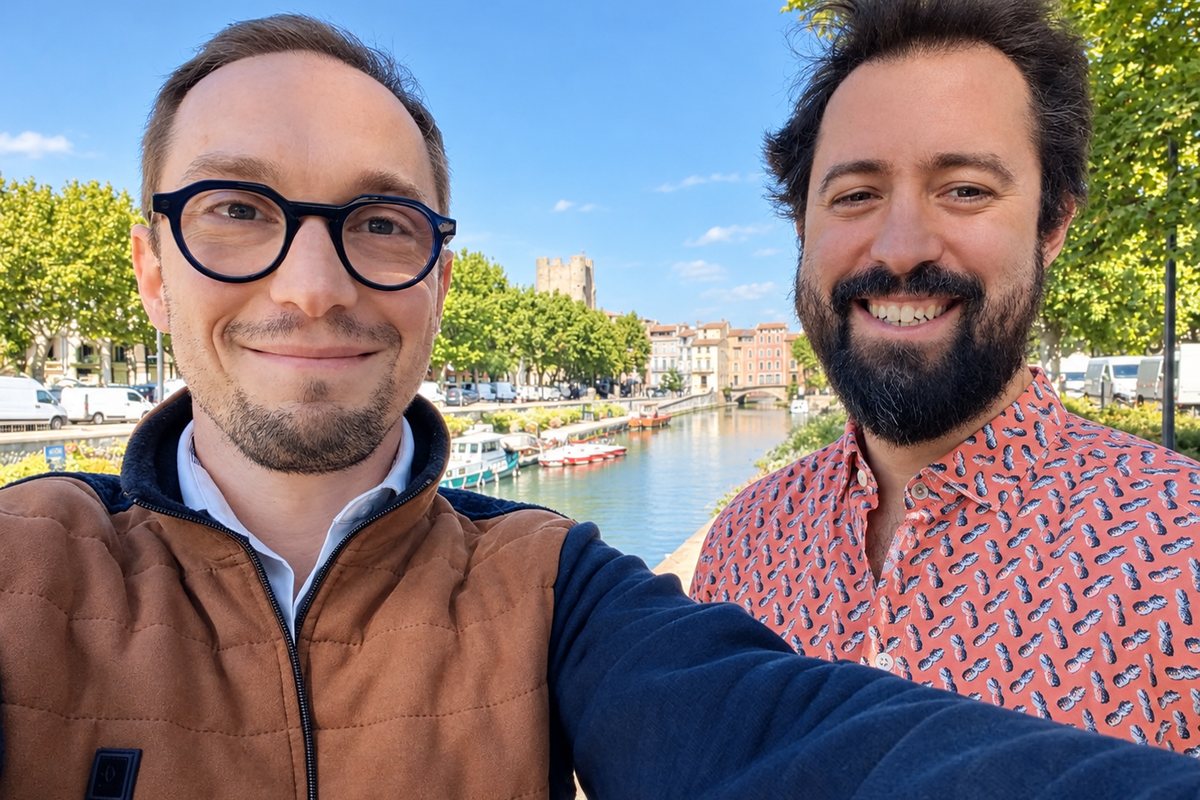 Jérémie Gaven et Thibault Perrin, cofondateurs de Hoban, sur les quais du canal de la Robine à Narbonne